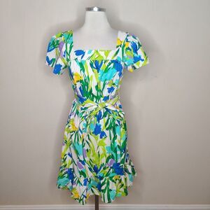 Maggy London Floral Dress Belted Tie Waist Flounce Hem Cotton